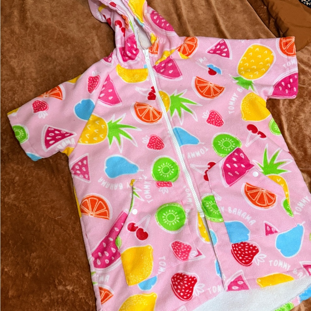 Girls Pool Beach coverup  Tommy Bahama Pink Hooded Towel Fruit Zipper